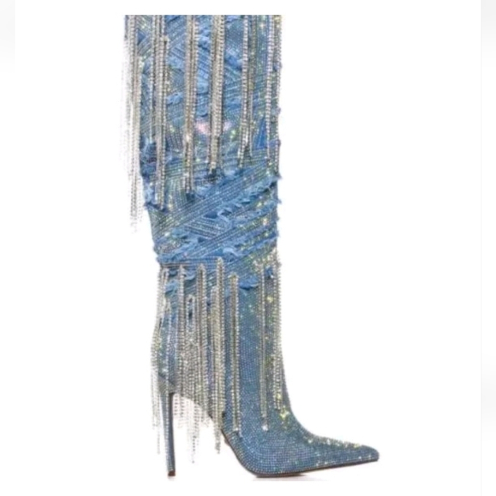 AZALEA WANG "DRIPPING DRAMA" DENIM EMBELLISHED BOOTS SZ 6‎